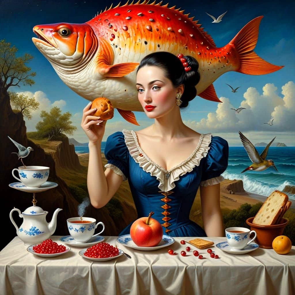 Surrealistic Portrait of a Happy Lady with a Cat and Bread