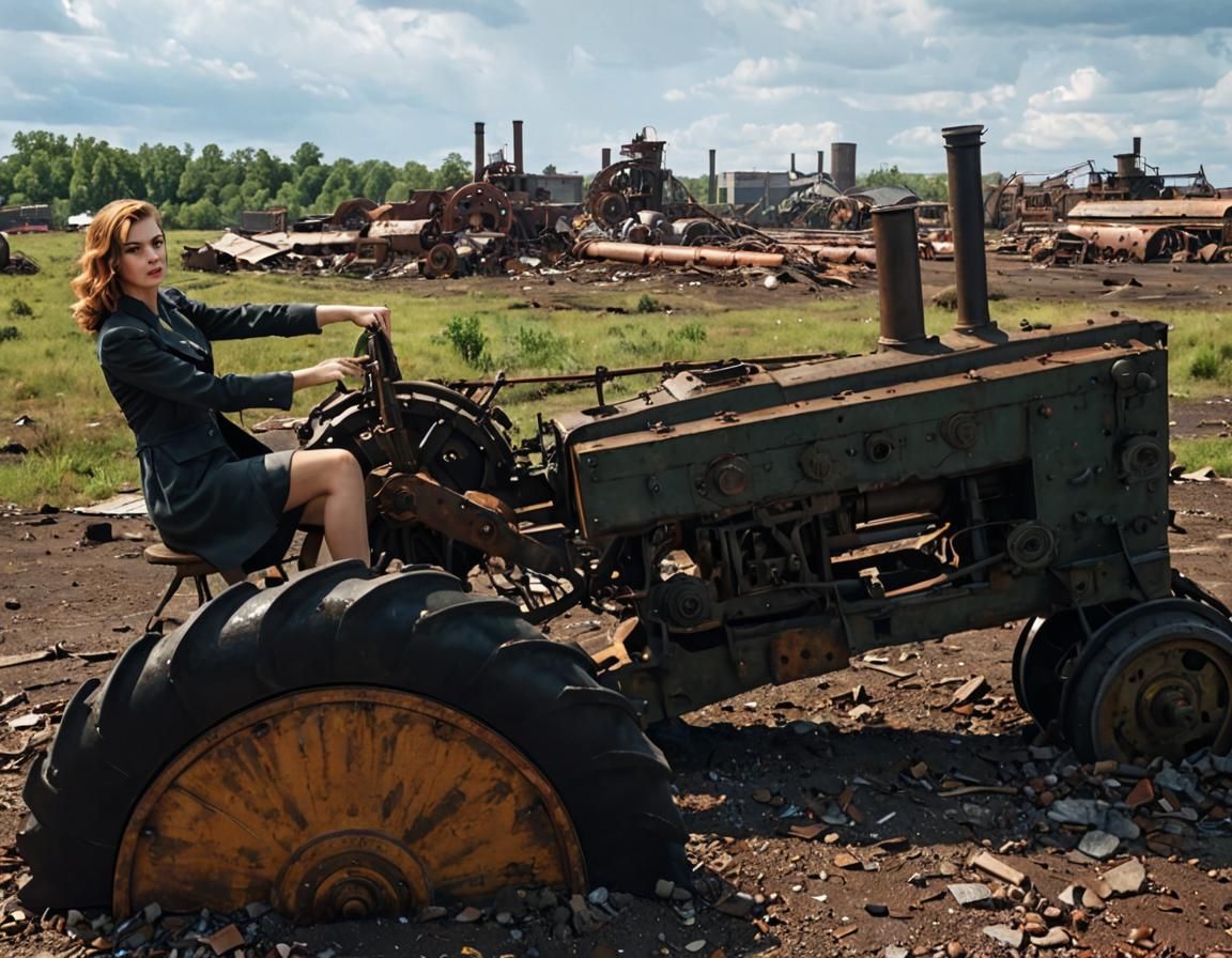 1940s style industrial ruined factory interior, desolated ru...