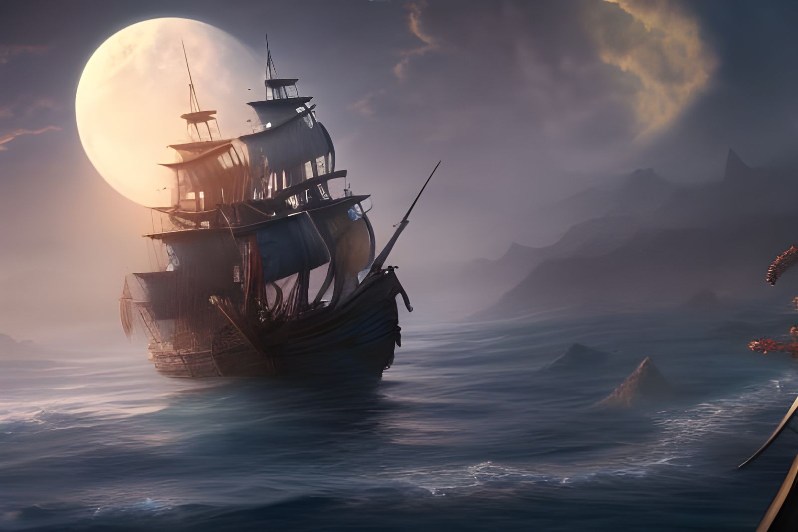 Pirate ship sailing through serene water