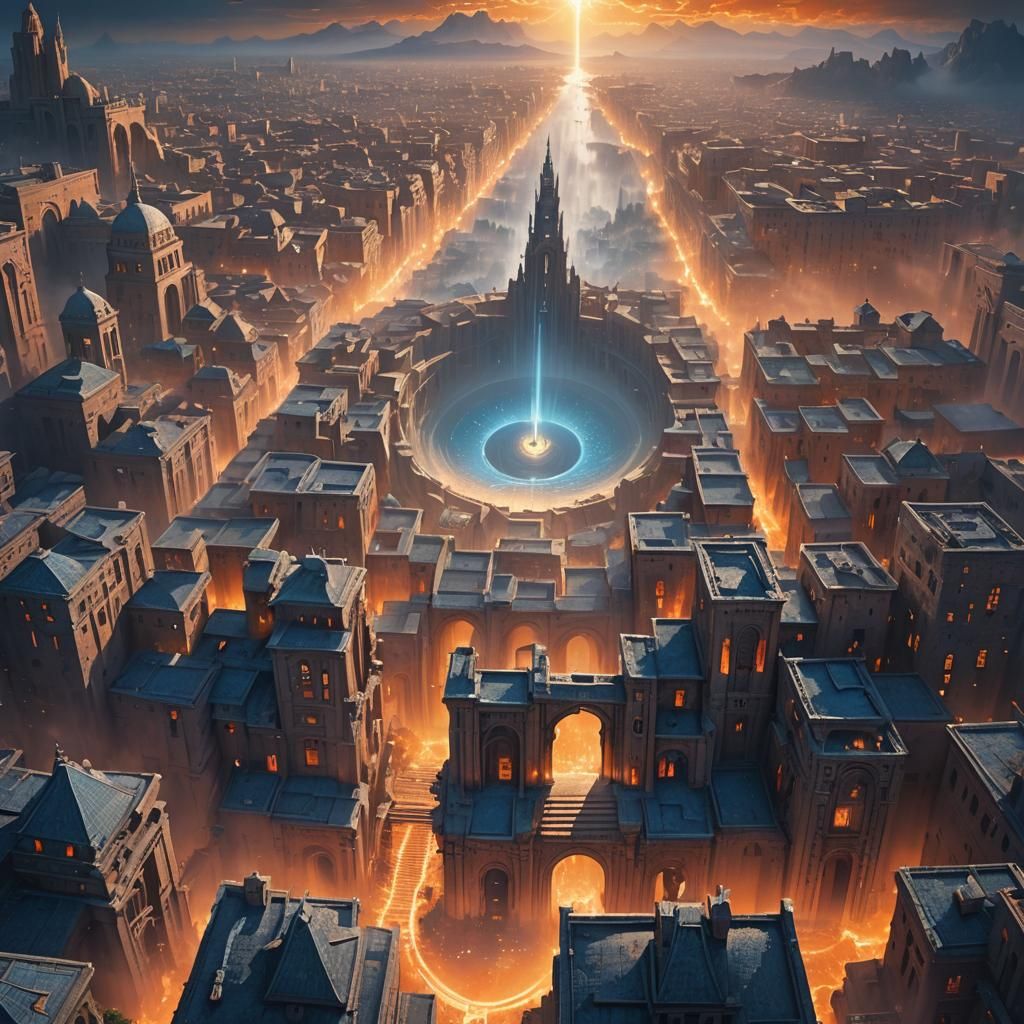 Mystical Portal Illuminates Labyrinthine Cityscape