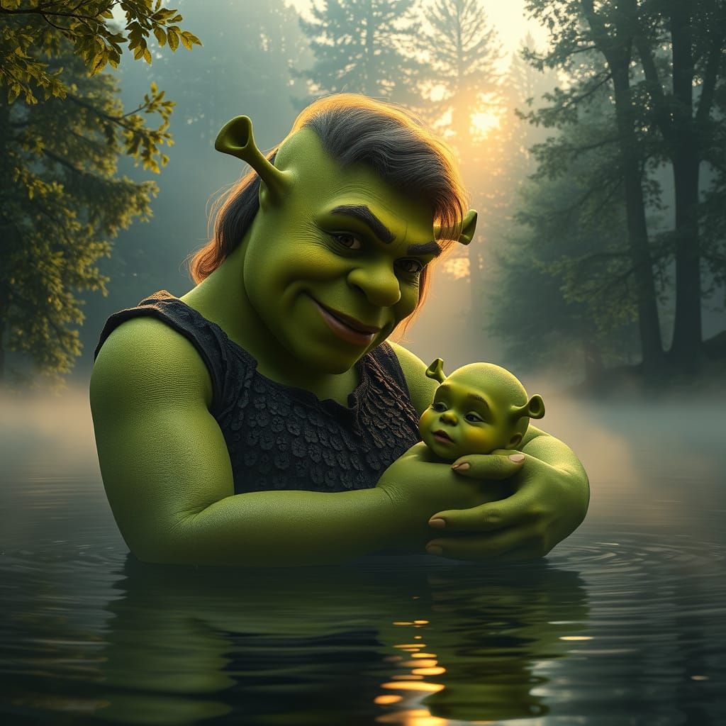Serene Lake Encounter: Mother Shrek and Baby Shrek in Vibran...