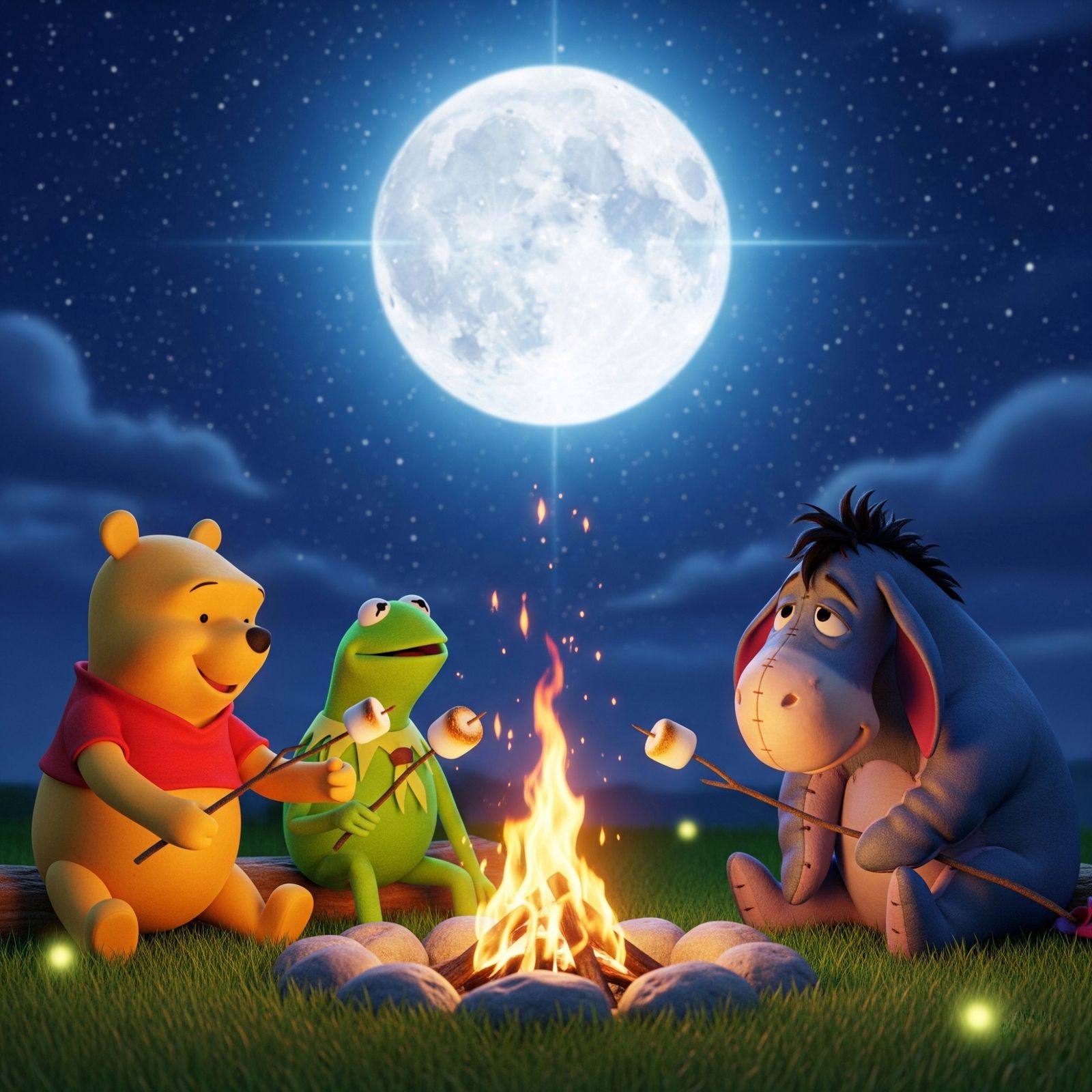 Kermit, Winnie Pooh and Eeyore at the campfire