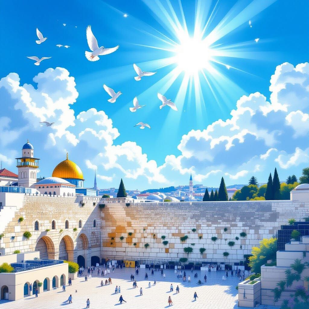 Western Wall with Birds in Chagall-esque Style