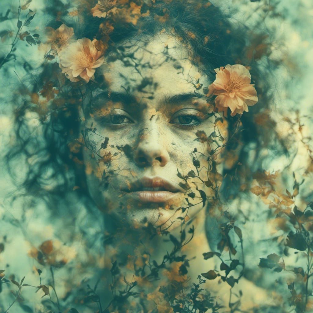 <lora:MJ 6 Double Exposure:1.3> Double exposure photography of a portrait with a floral pattern vintage texture, sharp focus, double exposur...