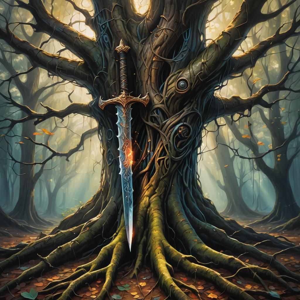 Enchanted sword entwined in a huge tree in a forest. 
