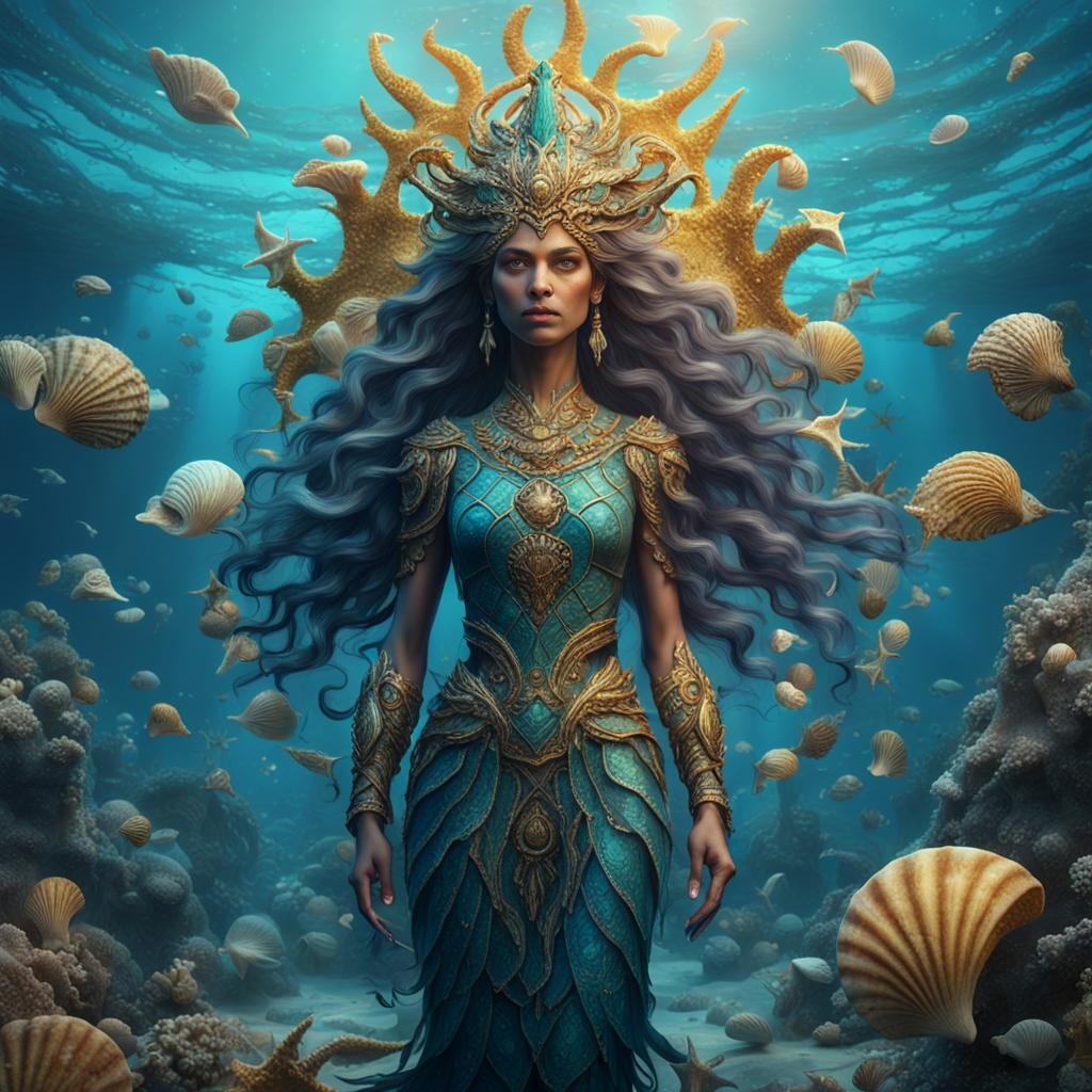 beautiful ocean goddess surrounded on sea bed with shells   by @JennyR
