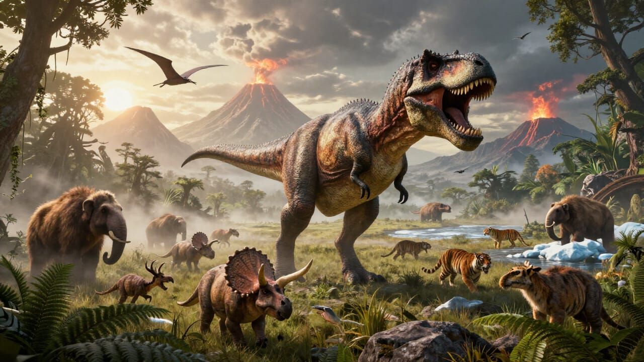 A breathtaking prehistoric world filled with dinosaurs and extinct animals roaming together in their ...  by @Amresh Singh