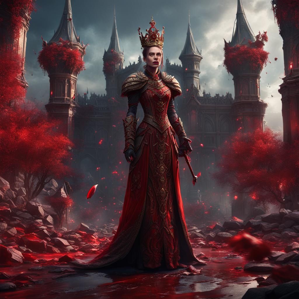 A queen wearing blood red