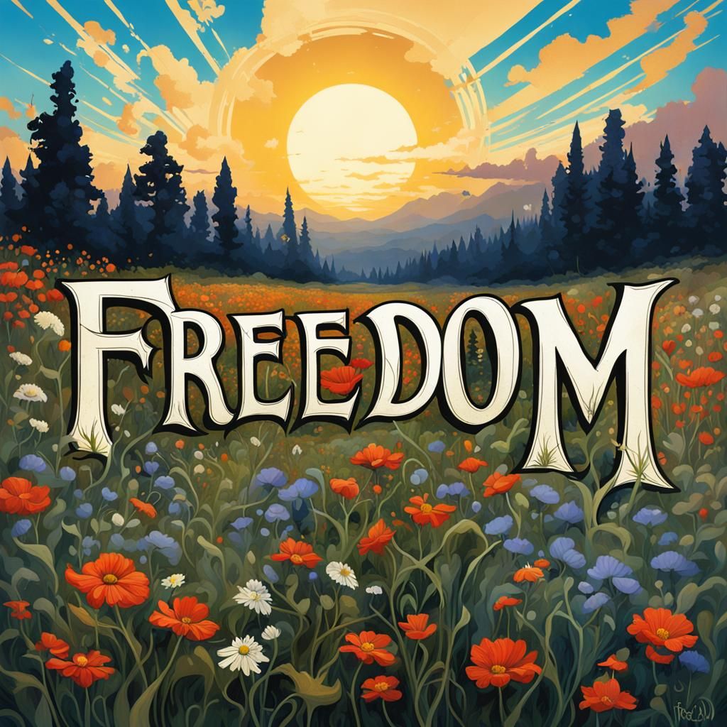 field of wildflowers with the word freedom in art nouveau fo...