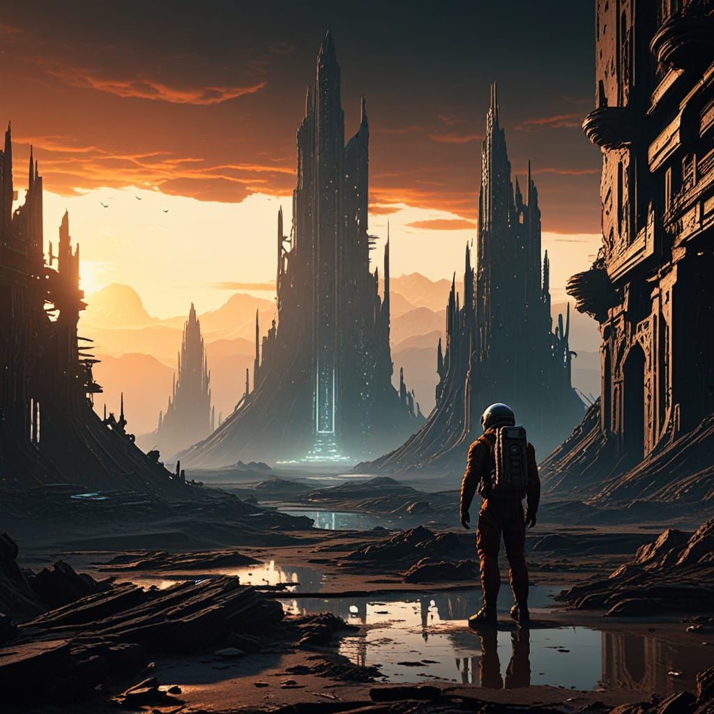 Epic Futuristic Scene: Lone Astronaut Faces Ancient Alien Ru...