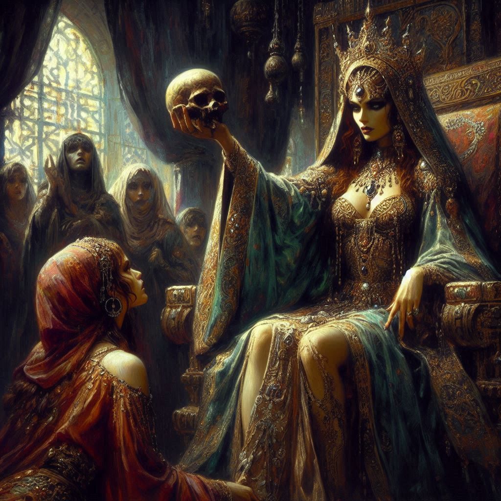 Queen Sharina receiving the skull of the Assassin
