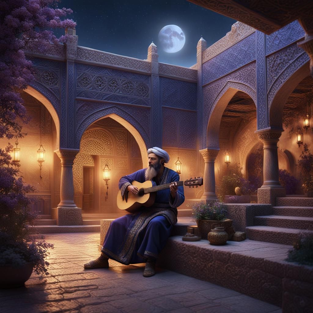 Jewish Man Plays Guitar in Mystical Courtyard