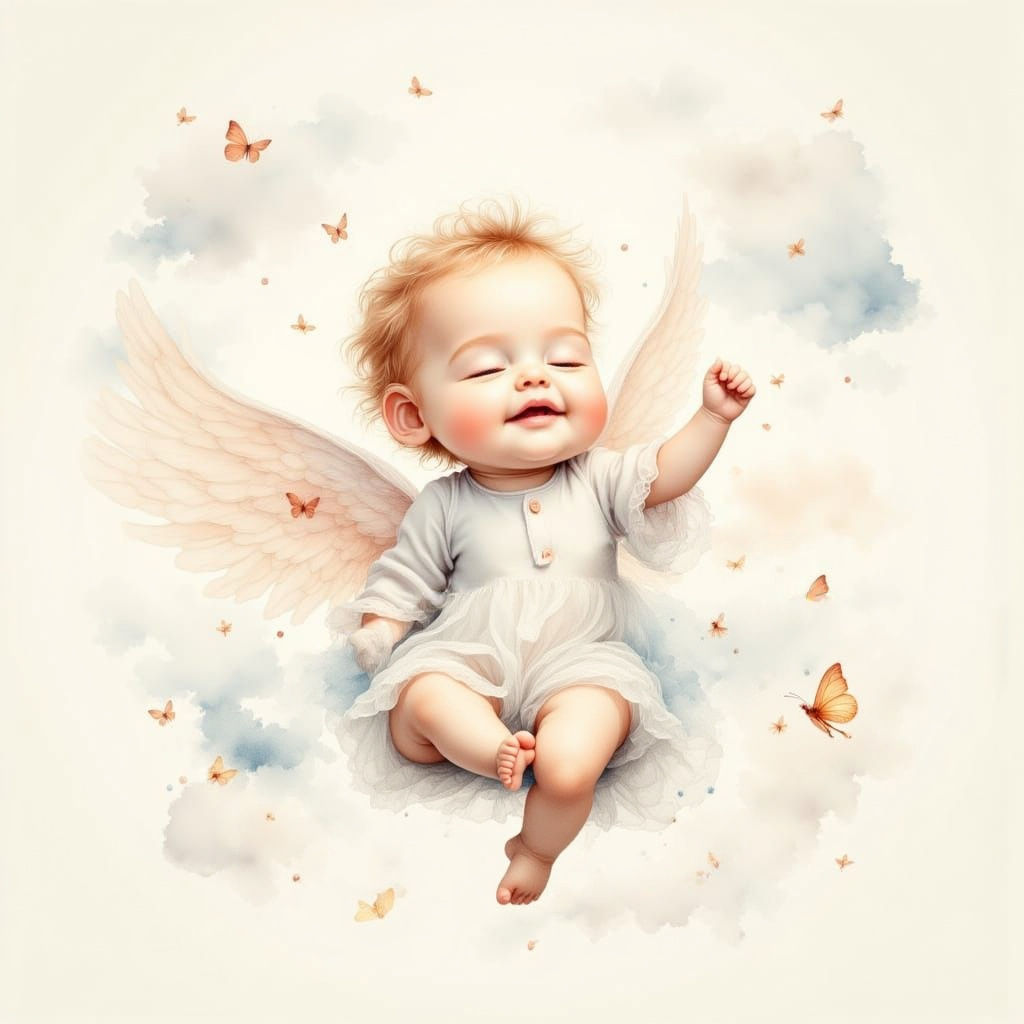 Watercolor Baby Ascends Through Magical Clouds