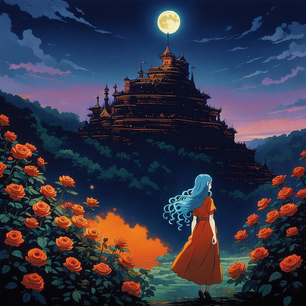 Beautiful girl bluehaired in orange gown, long curly hair, p...