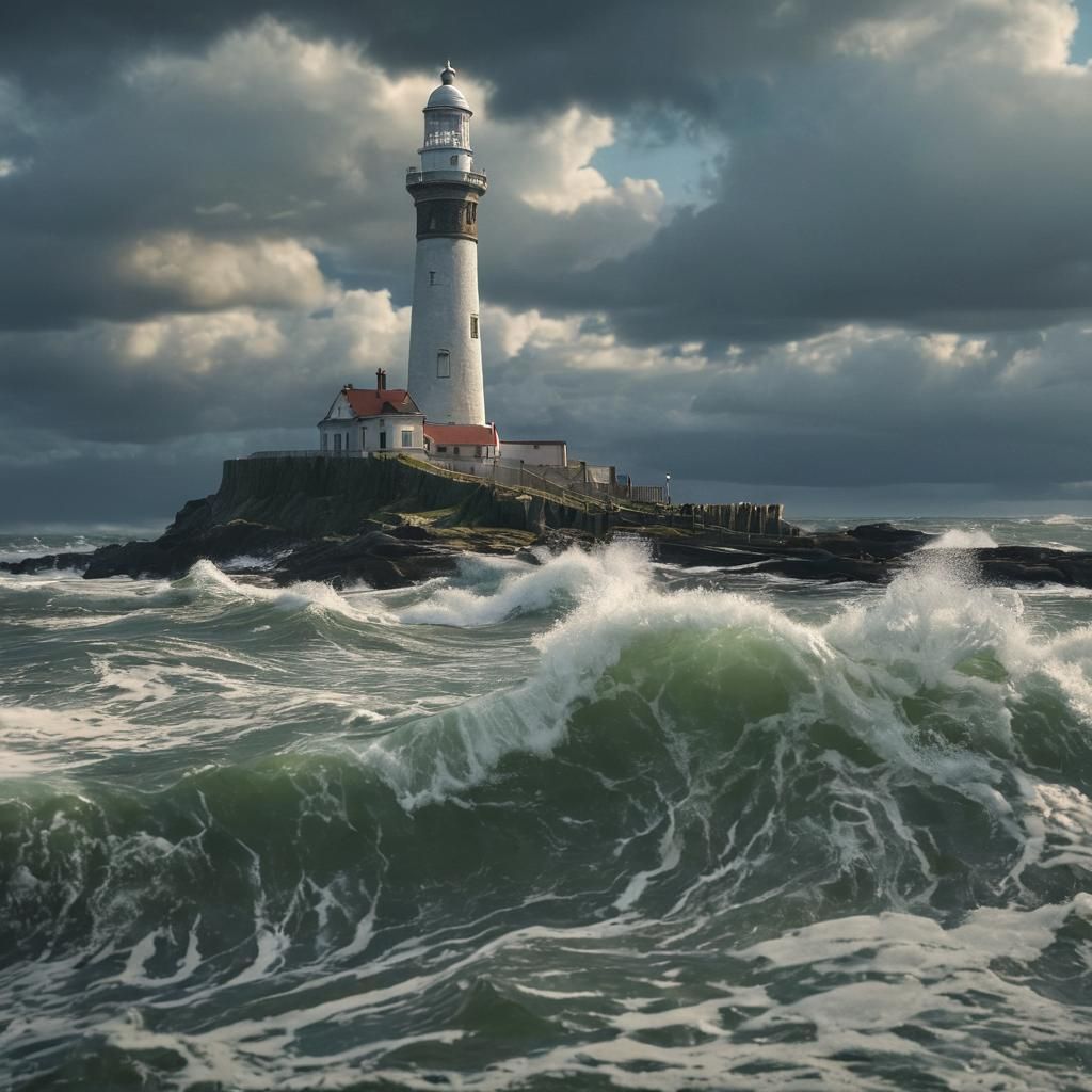 St. Marys Lighthouse, Whitley Bay, UK. breaking waves and stormy sky. Photo realistic, detailed.