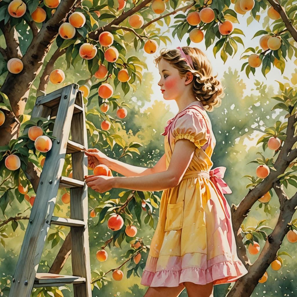 A young girl picking peaches 