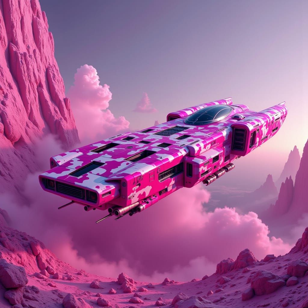 Stunning image of a futuristic pink camouflage spaceship, volumetric lighting <lora:Pink Camouflage:1.0>