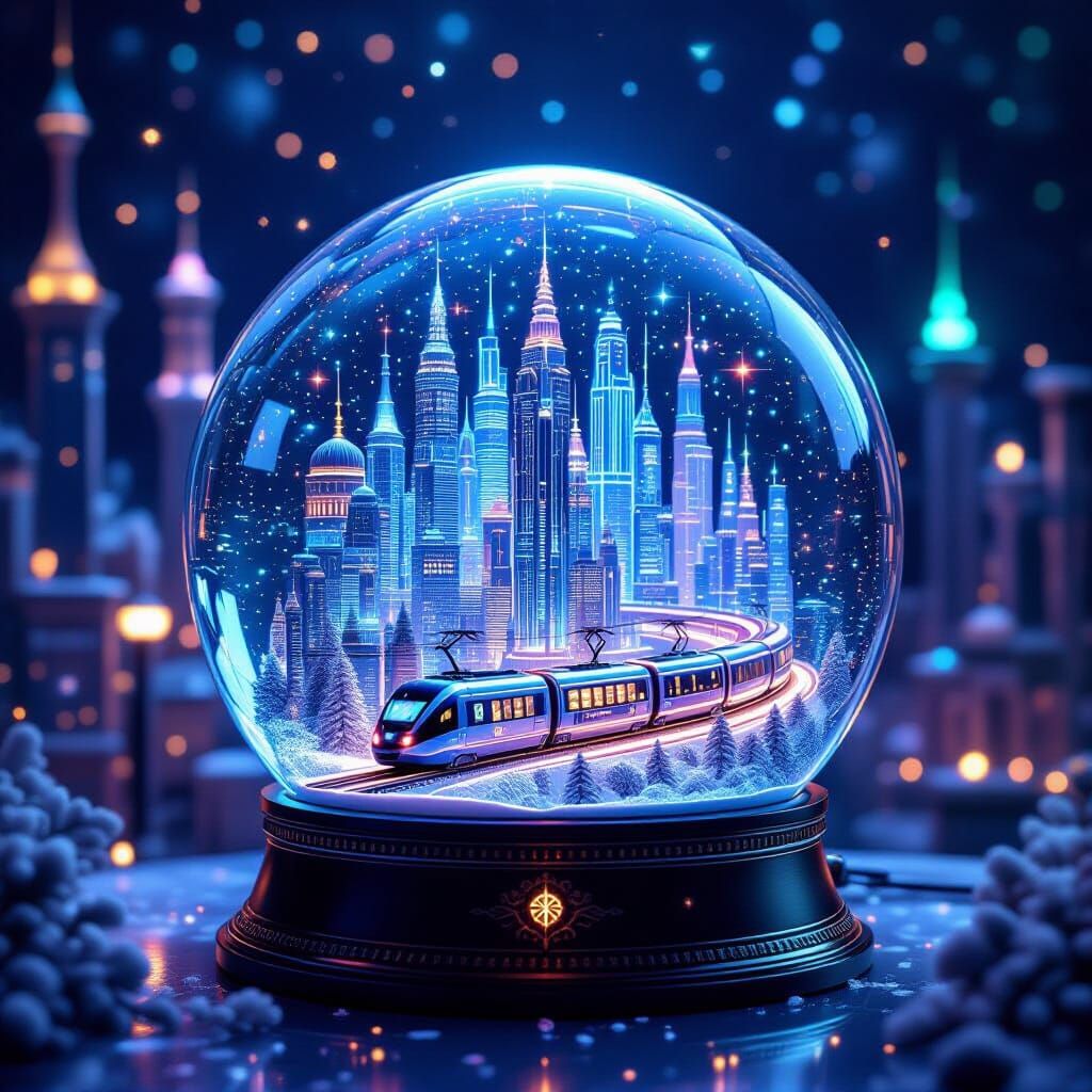 Futuristic City in Transparent Snow Globe