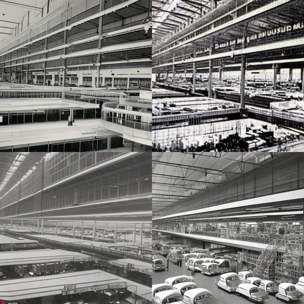 Massive shopping warehouse, 1950s, retrofuturism