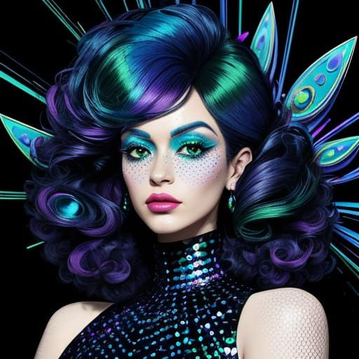 Hyper realistic black toy poodle with peacock colour effects . Pop art effect 