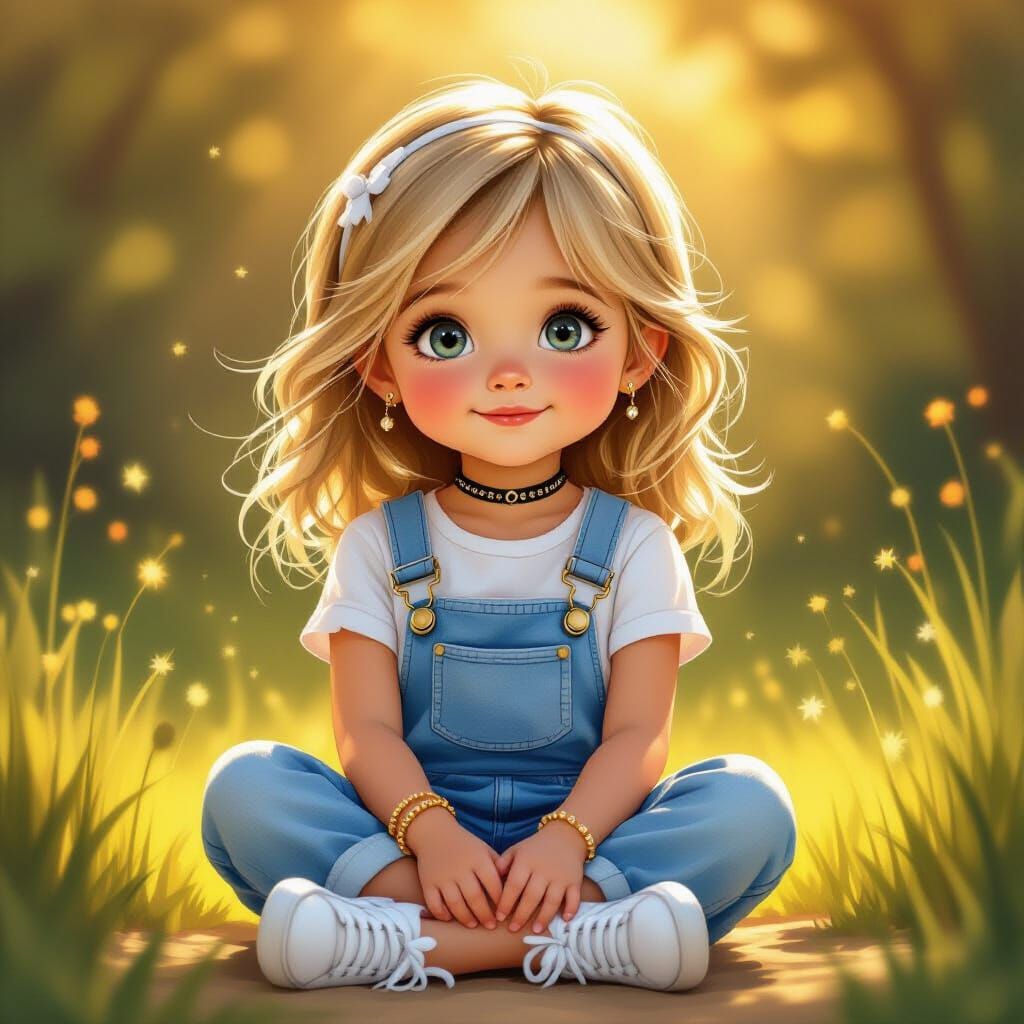 Charming Girl in Denim Overalls in Golden Hour Light