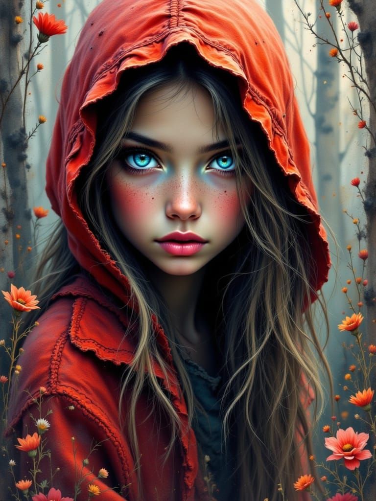 <lora:HRH-petals and paws:1.0> a captivating , hyper detailed, grunge, full length portrait of a hyper beautiful, long haired, exotic little...