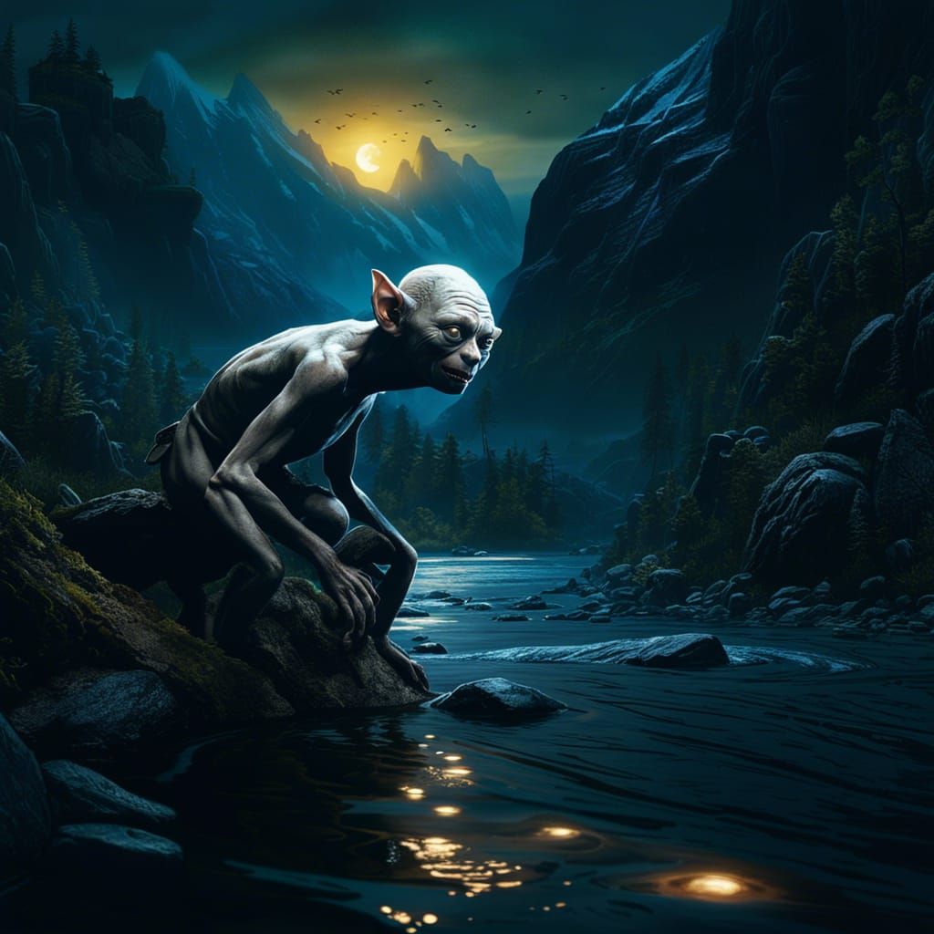 Gollum looking for fish - AI Generated Artwork - NightCafe Creator