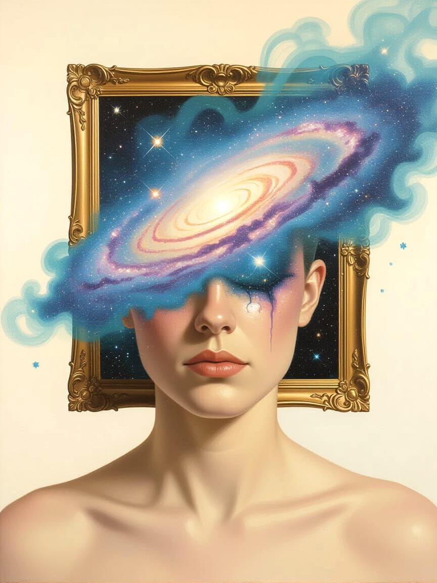 Surreal Self-Portrait with Nebula Eyes and Memory Stains