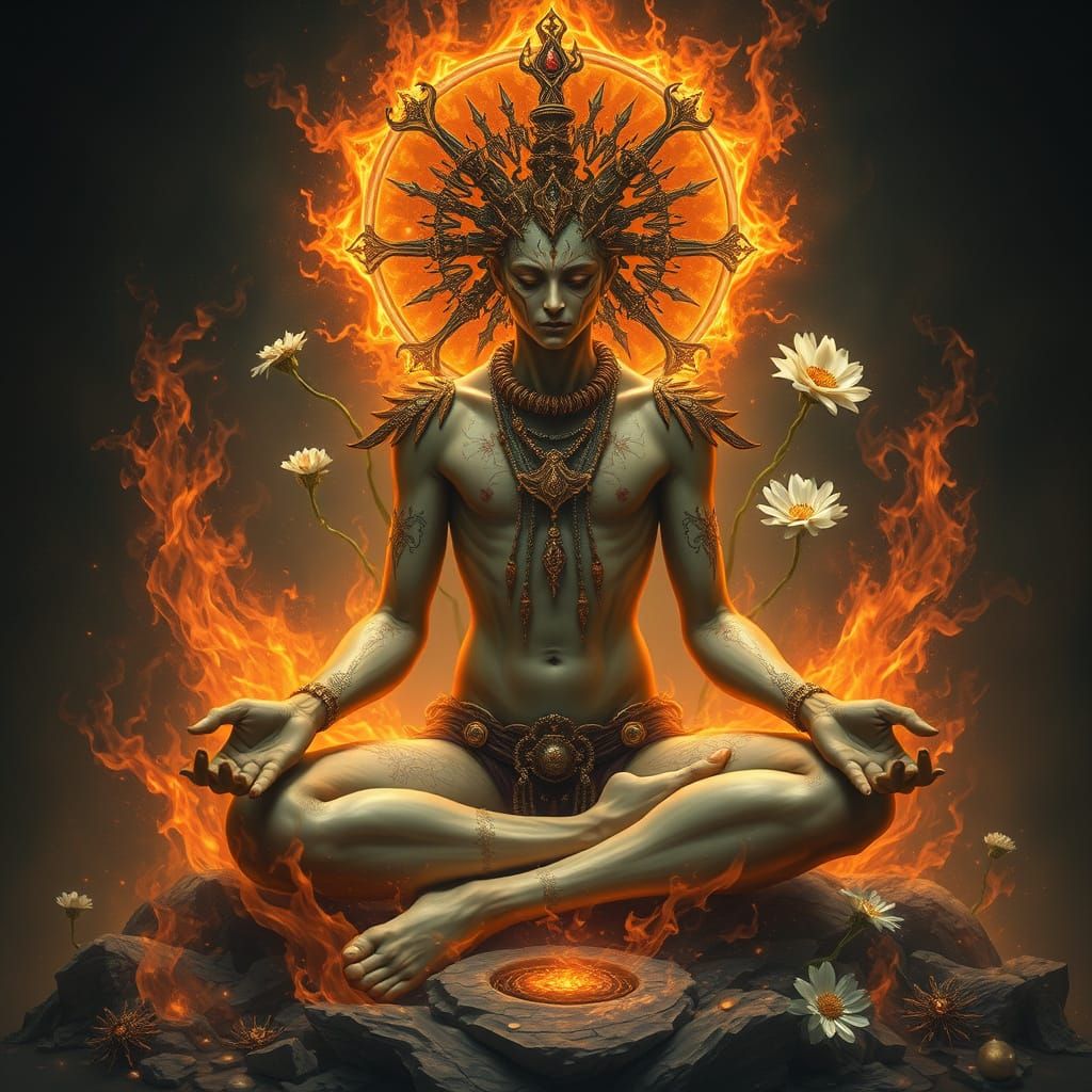 Enigmatic Virtuous Being Amidst Blazing Aura