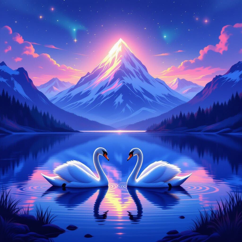 Swans on Heart Lake Under Mystical Mountain