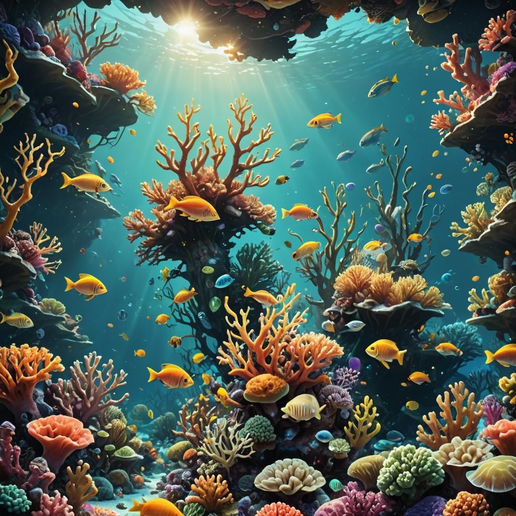 Coral reef with fish, crabs, seahorses, HD, 8k  by @Anywho