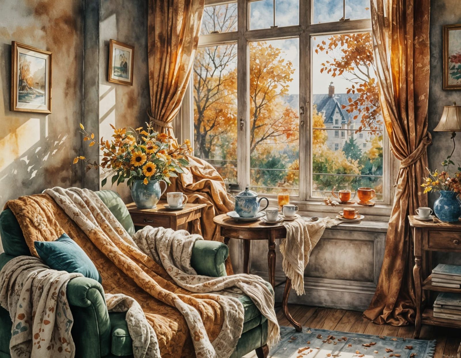 A cozy interior scene with a steaming cup of tea  by @KomBib