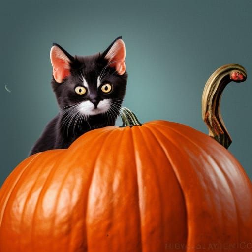 Halloween kitty sitting on a cute carved pumpkin Hyperrealis...