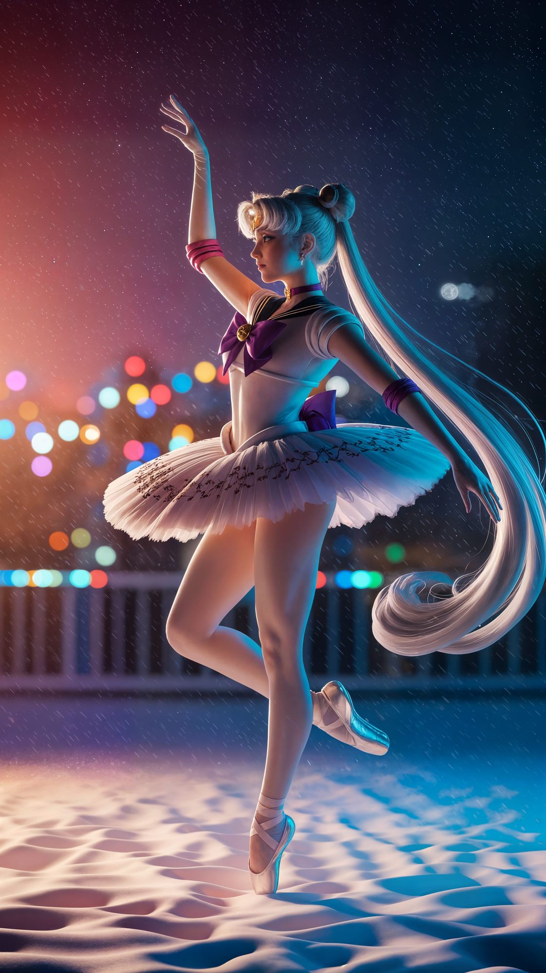 A whimsical ballerina, her tutu made of shimmering starlight, pirouettes on a floating island amidst a cosmic ballet of planets and asteroids