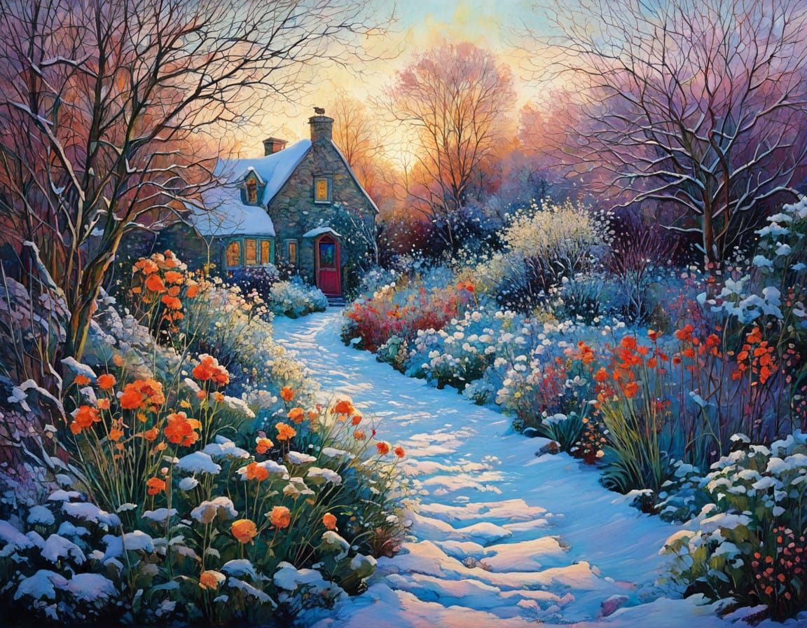 the wintry garden dreams of summer, by Ann Blockley and Erin Hanson, very expressive, meticulous, intricate, ...  by @Tina auf der Blumenwiese