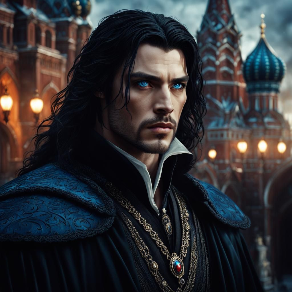 An Elegantly Handsome Vampire with piercing blue eyes, and l...
