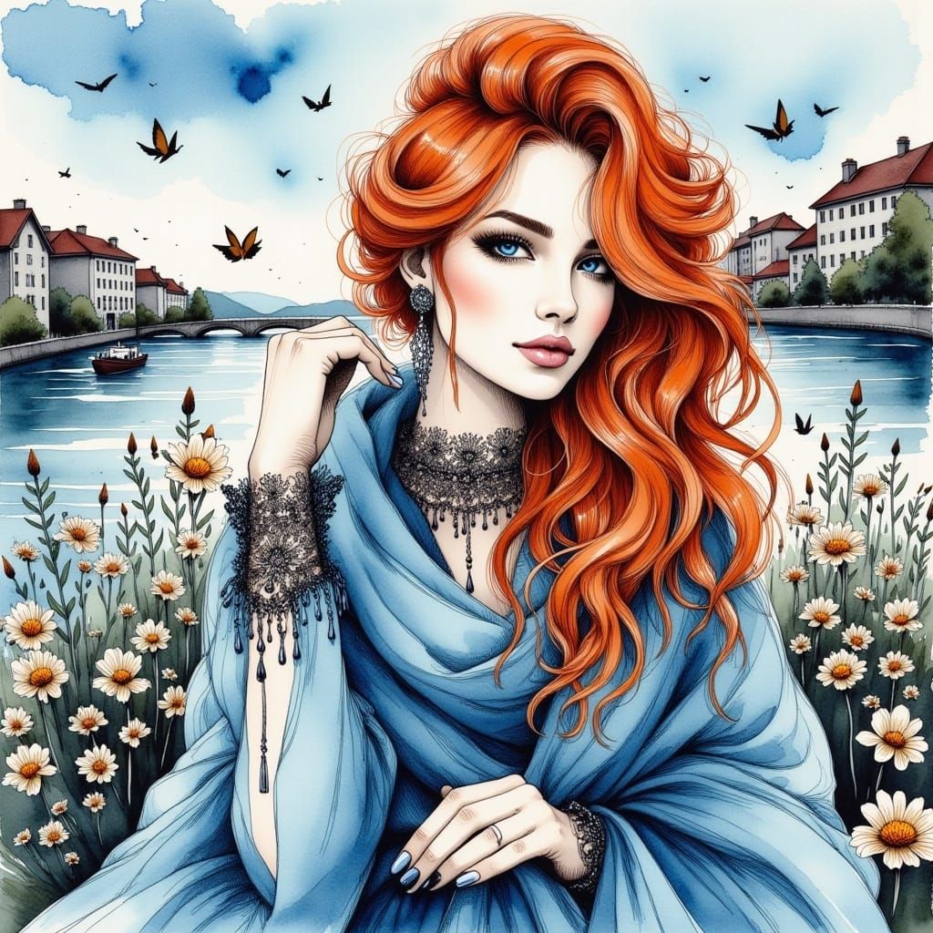 <lora:InkDrawingflux:1.0>  a stunning woman with ginger hair, blue clothes, boho styles, lace, village, river, Flowers, A Breathtaking Maste...