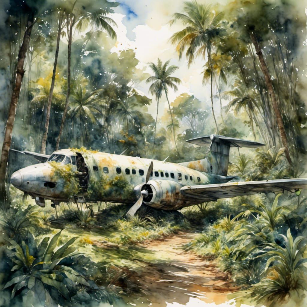 lora:WatercolorMix1:1.0> Old plane crashed in the middle of a