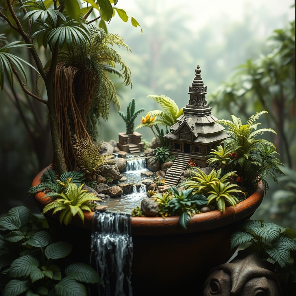 Picture a miniature jungle landscape meticulously crafted inside a large pot, complete with tiny waterfalls, ...  by @Pitanzas
