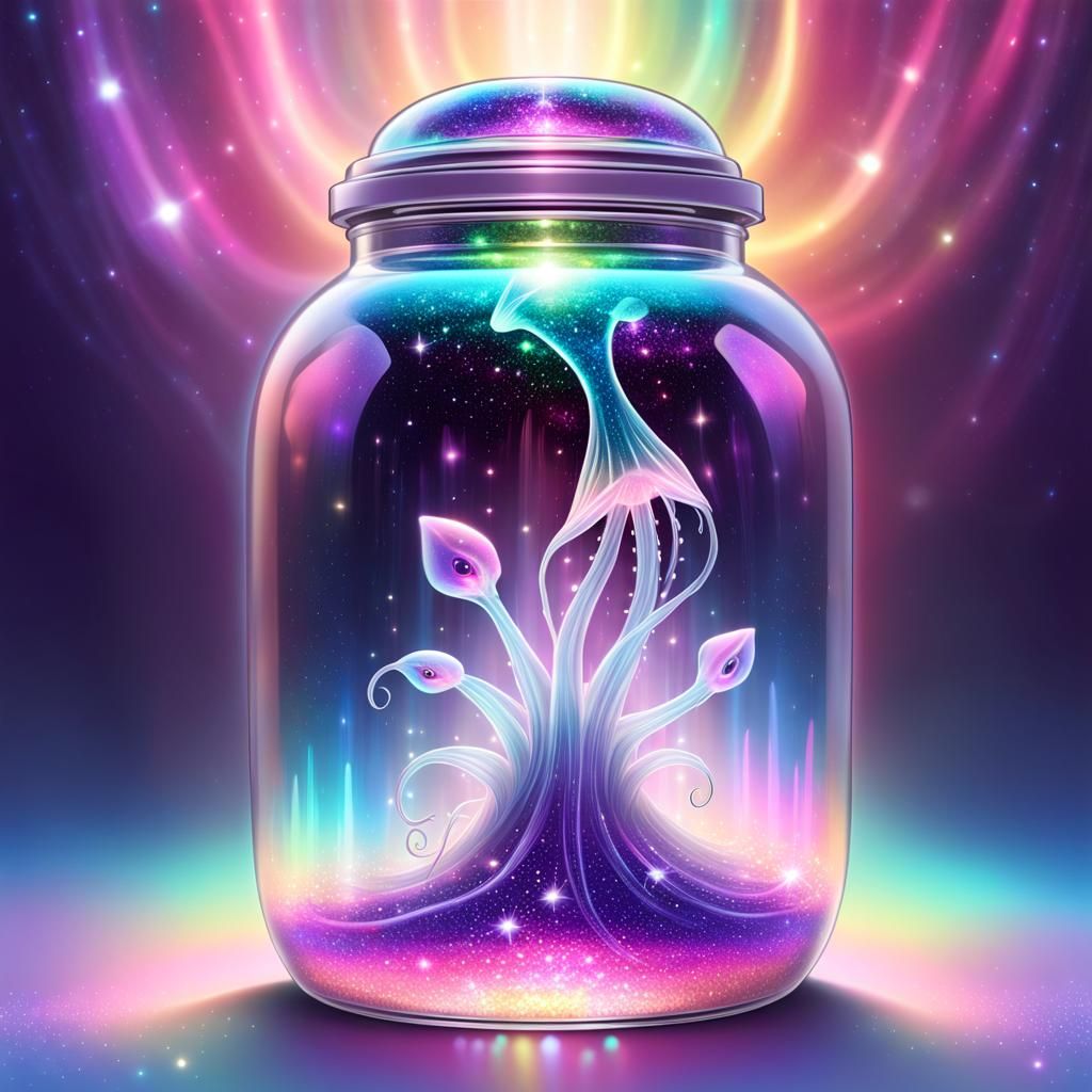 Glitter Jar Aquarium with Ethereal Alien Fish