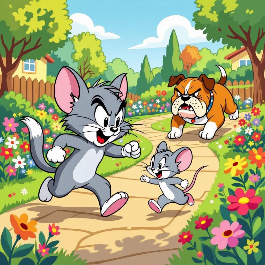 Tom is hunting Jerry the mouse in the classic cartoon style garden. Spike the bulldog is also running ...  by @Nikolaos