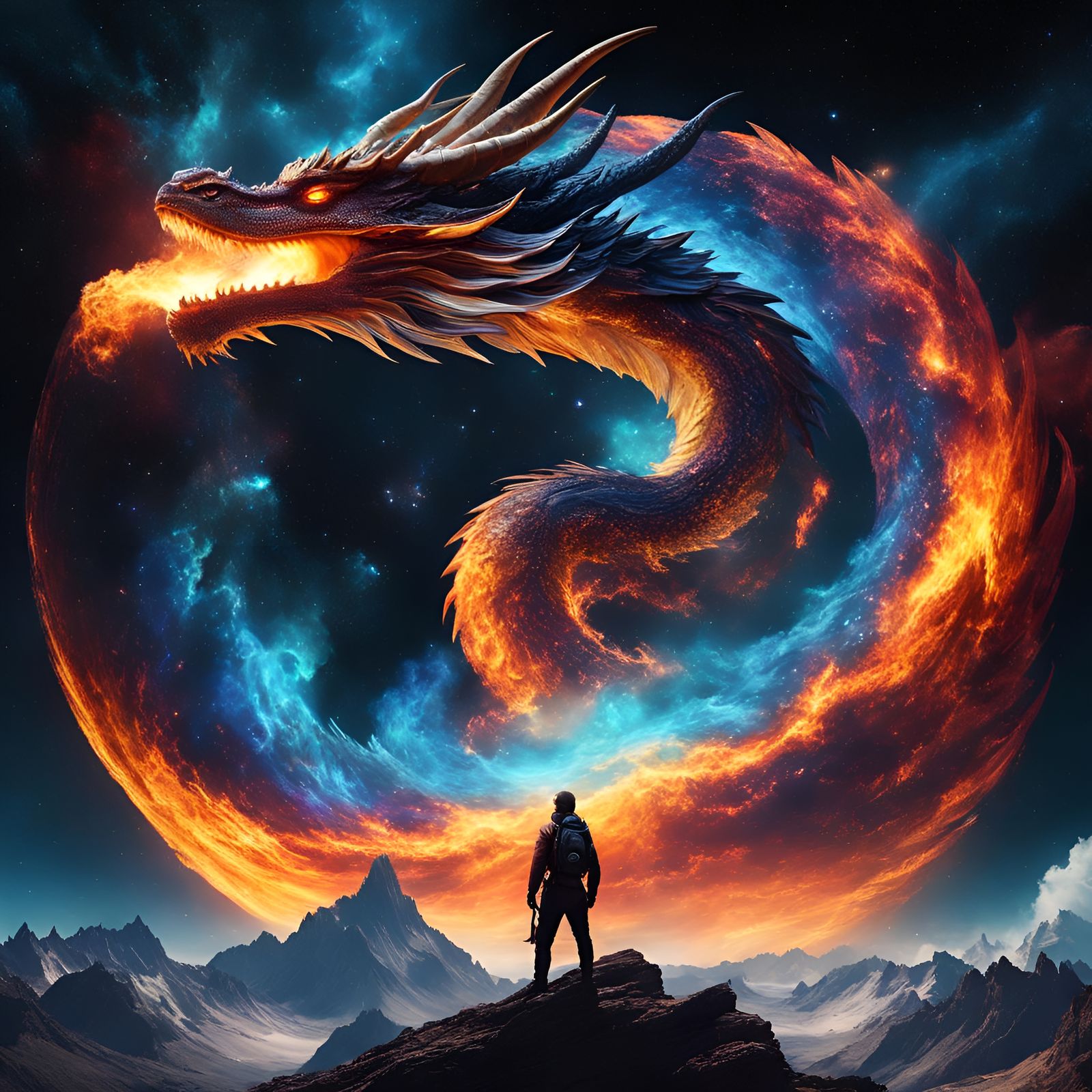 Fire elemental+galaxies stars+ double exposure+dragon made of fire+glowing+intricate iridescent deep colors Fantasy plan...