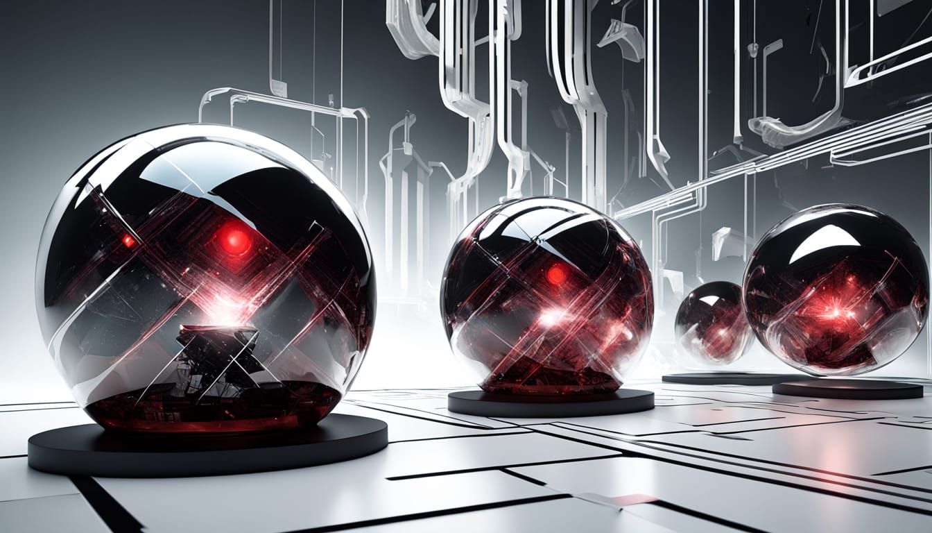 Quantum computer simulation of the universe, abstract constructivist geometry, central glowing sphere, transparent 3D structures, coarse bla...