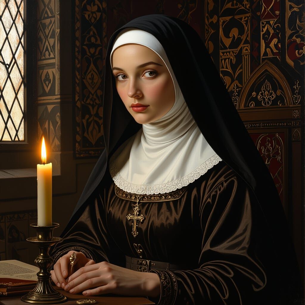Une étude académique réaliste d’une religieuse médiévale en tenue légère, style peinture baroque, éclairage à la chandelle, détails anatomiq...
