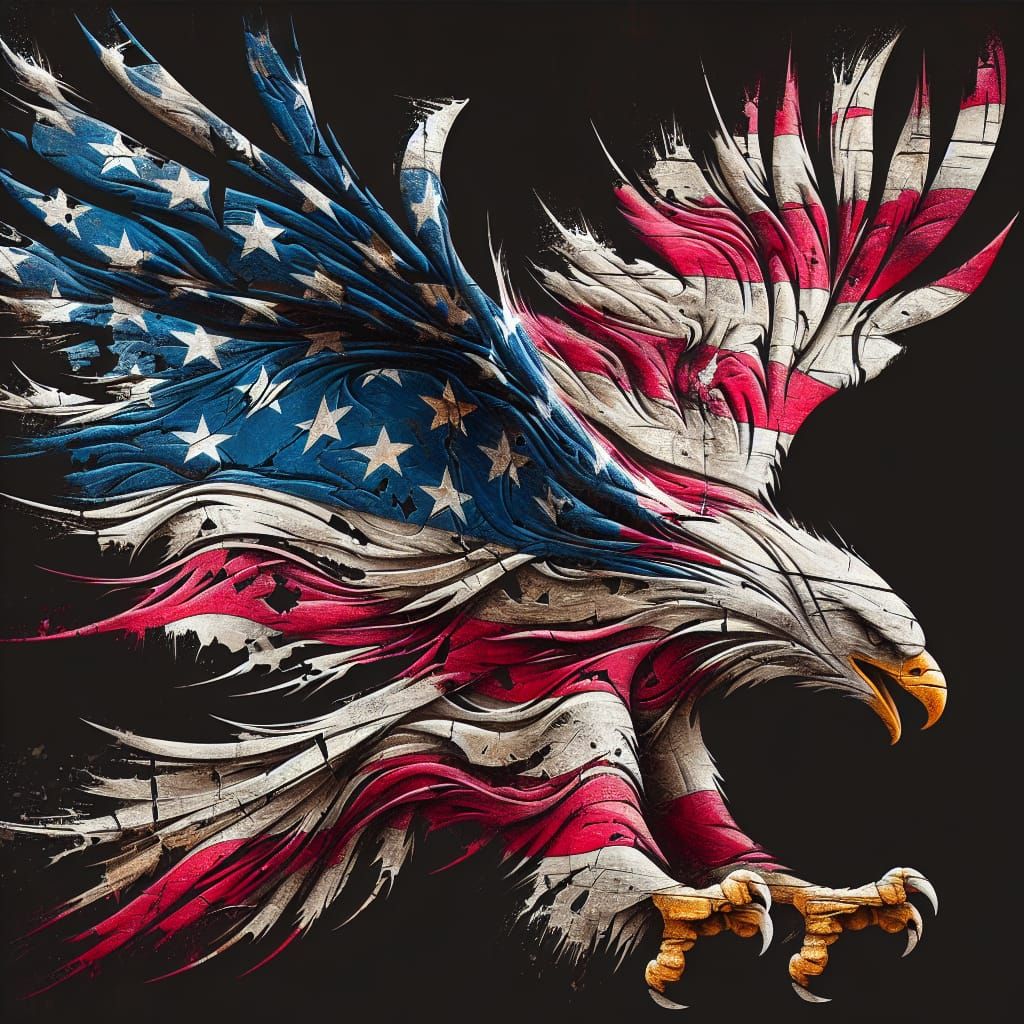 war torn USA flag in the shape of a flying eagle