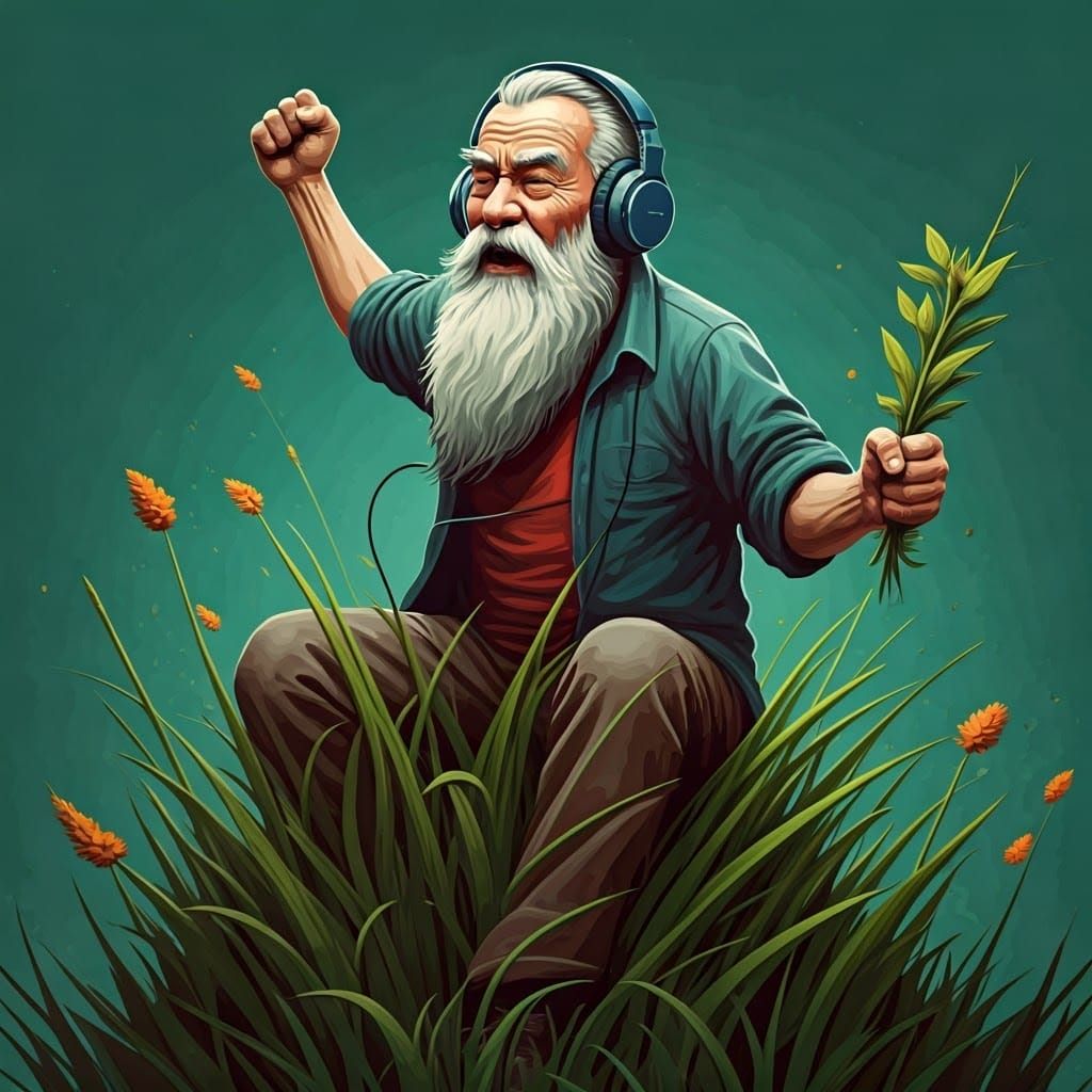 Elderly Warrior Beats Back Frenzied Grass in Vibrant Digital...