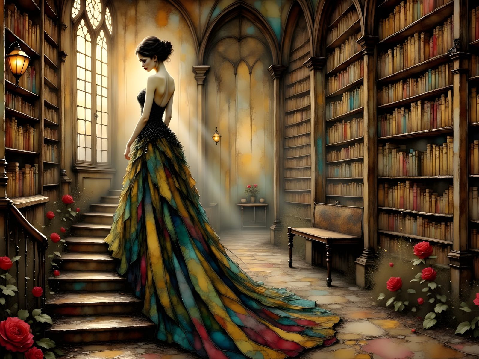 <lora:Lauras Romance:1.0> abstract surreal an elegant beautiful  woman with detailed face in elegant  dress in a huge vintage art deco libra...