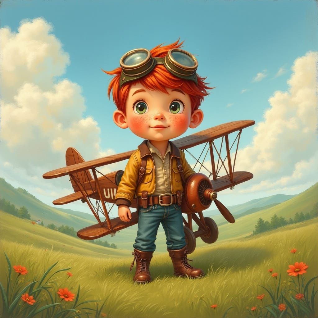 Boy and Biplane in Rockwell-esque Americana