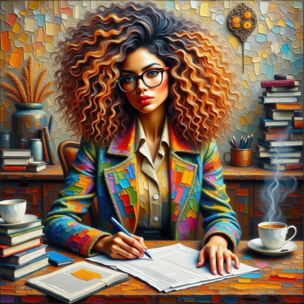 <lora:Craquelure Paint:1.0> A stunning woman with long, wavy, voluminous hair sits writing a letter at her desk. On the desk is a cup of tea...