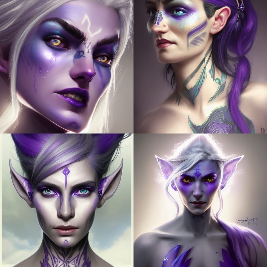 Elf woman with purpleblue skin and glowing silver tattoos on face with